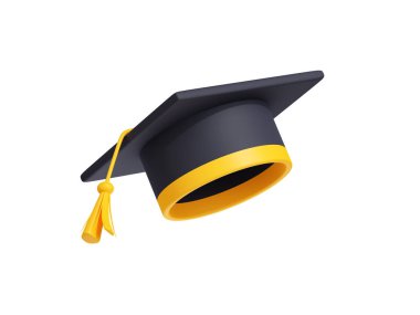 Beyaz arka planda izole edilmiş altın püsküllü akademik şapkanın üç boyutlu çizimi. Siyah mezuniyet şapkası. Eğitim web sitesi tasarımı için mortarboard simgesi. Okul, üniversite, üniversite mezuniyet töreni.
