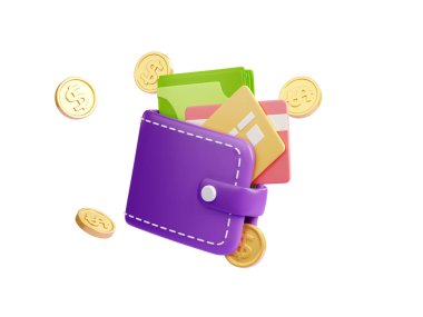 3D illustration of wallet with dollar coins and credit cards isolated on white background. Money saving, budget planning, payment, shopping and cashback icon. Financial app or website design element clipart