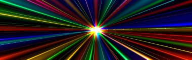 Renkli düz çizgileri olan soyut bir arkaplan parlayan bir merkez oluşturur. Gökkuşağı renk ışınları parlaklık, teknoloji konsepti, dijital veri akışı, kablo bağlantısı, enerji gerçekçi 3d vektör illüstrasyonu