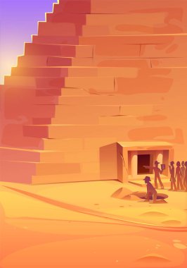 Mısır piramidi çölde ve insanlar eşikte siluetleri gruplandırıyor. Mısırlı mimari ve turistler veya arkeolog karakterler Sahra 'da antik medeniyet keşfettiler, Çizgi film vektör çizimleri