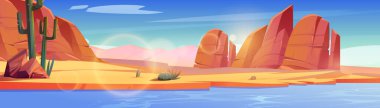 Afrika Çölü ya da Vahşi Batı Arizona Doğal Arazisi. Nehirle karikatür panoramik arkaplan, sarı kum, kaktüs, kayalar ve su göleti içeren oyun konumu mavi gökyüzü altında, vektör illüstrasyon