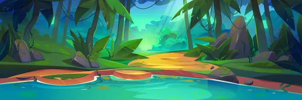 熱帯ジャングルの森の湿地や湖の漫画の自然景観 青い水の池 ヤシの木 岩や太陽の光が地面に落ちてゲームの背景 野生の深い熱帯雨林のベクトル図 — ストックベクタ