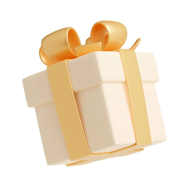 3D渲染金丝带礼品盒 背景节日惊喜 圣诞节或婚礼礼物 现实的插图角度的观点孤立的封闭奶油米色包 — 图库照片