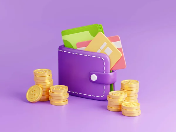 Vykreslit Peněženku Plastovými Kartami Zlatými Mincemi Kolem Finance Koncept Peněz — Stock fotografie