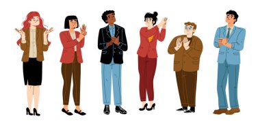 İş adamları alkışlar, alkışlar. Takımın çeşitli karakterleri anlaşma için tezahürat yapıyor, iyi iş ya da başarı için. Alkış kavramı, destek, olumlu takdir, vektör el çizimi.