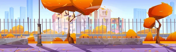 川沿いの木々 ベンチ 金属フェンスに黄色の葉を持つ秋の街の通り 背景に町の建物 空の公共の庭の漫画のベクトル図 オレンジの葉は空気中を飛んで — ストックベクタ