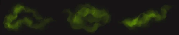 Набір Зелених Димових Хмар Ізольовано Чорному Тлі Реалістична Векторна Ілюстрація — стоковий вектор