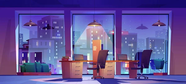 Night Office Open Space Workplace Interior City View Wide Floor — Stock Vector