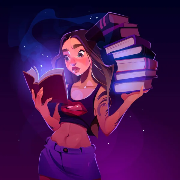 Νεαρό Κορίτσι Διαβάζει Βιβλίο Μαγική Λάμψη Και Την Τεράστια Στοίβα — Διανυσματικό Αρχείο