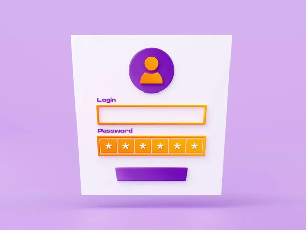 紫の背景にログインとパスワードでウェブサイトアカウントへのアクセスや登録フォーム Id認証 ユーザ名とセキュリティキーの認証 3Dレンダリングイラストの概念 — ストック写真