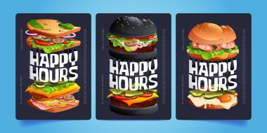 Fast food restoranının tanıtım broşürleri. Lezzetli sandviçin vektör çizimi ve koyu mavi arka planda iştah açıcı hamburgerler. Satışları iyileştirmek için pazarlama afişi