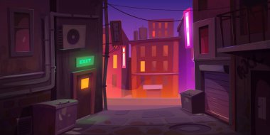 Gece şehrinde arka kapısı olan karanlık, kirli bir köşe, dar sokaktaki çöp kutuları eski binalar ve renkli ışık yolu manzarası, kasaba manzarası çizgi film çizimleri.