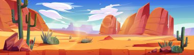 Afrika Çölü ya da Vahşi Batı Arizona Doğal Arazisi. Çizgi film panoramik arkaplan, arazi kesitli oyun konumu, sarı kum, kaktüs, mavi gökyüzünün altında bulutlu kayalar, vektör çizimi