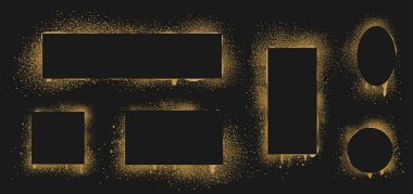 Gold spray paint frames, graffiti stencil banners. Rectangular, oval and square borders isolated on black background. Airbrushing stenciling backdrop texture with brush splashes and drips, Vector set clipart