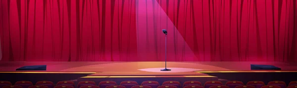 舞台上有红色窗帘和麦克风在聚光灯下 才艺表演 站起来娱乐或电视娱乐与麦克风 照明和椅子 卡通矢量插图 — 图库矢量图片