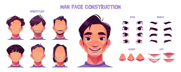 Asian Man Face Construction Cartoon Set Isolated White Background Vector — Stock Vector