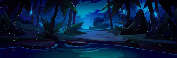 Ландшафт Джунглей Озером Тропинкой Силуэтами Деревьев Ночью Тёмная Природная Сцена — стоковый вектор
