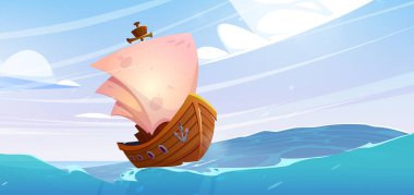 Dalgalarla dolu beyaz yelkenli tahta gemi. Yelkenli okyanus manzarası, antik yat, korsan ya da fırtınalı havada uçan viking gemisi, vektör karikatür çizimi