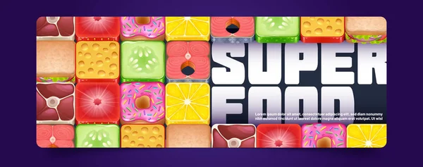 Super Food Banner Met Patroon Van Vierkante Iconen Met Textuur — Stockvector