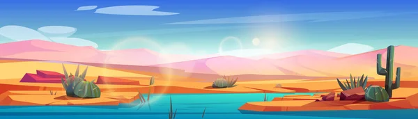 Hot desert landscape with oasis and sand dunes. Nature panorama of african desert with river or lake, plants and cactuses on shore, vector cartoon illustration