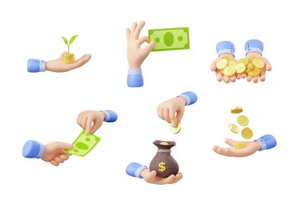 Conjunto Mãos Segurando Dinheiro Dinheiro Saco Com Sinal Dólar Moeda — Fotografia de Stock