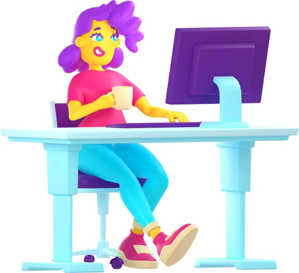 Kadın Karakter Bilgisayarda Çalışıyor Serbest Çalışan Bir Kız Masa Başında — Stok fotoğraf