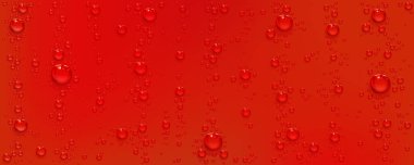 Water drops on red background. Realistic bubbles of soda drink or condensation abstract texture. Transparent aqua random droplets pattern on bright scarlet color surface 3d vector design, illustration clipart