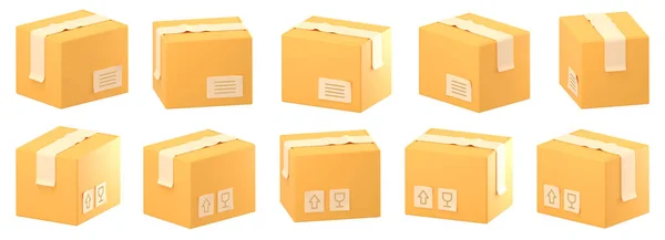 Hnědé Kartónové Krabice Kartónové Obaly Balíků Pošta Objednávky Různém Úhlu — Stock fotografie