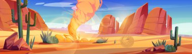 Afrika Çölü ya da Vahşi Batı Arizona Doğal Arazisi. Kasırga ve çalı ile karikatür panoramik arka planı, sarı kum, kaktüs, mavi gökyüzünün altındaki kayalar, vektör illüstrasyon