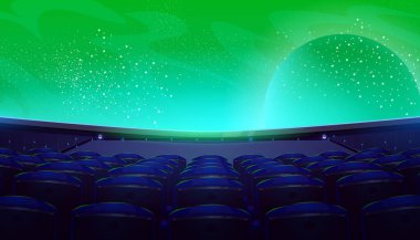 Sinema salonu, karanlık sinema salonu geniş ekran ve arka manzaralı koltuklar. Uzay galaksisi ve yeşil yıldızlı gökyüzü ile boş iç mekan, karanlıkta sandalye, çizgi film vektör illüstrasyonu
