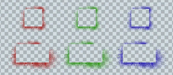 スプレーペイントフレーム カラーブラシステンシル落書きの境界正方形と長方形の形 緑のスプラッシュとドリップを持つグラウンジエアブラシのテクスチャ インクの輪郭形状 隔離されたベクトルセット — ストックベクタ