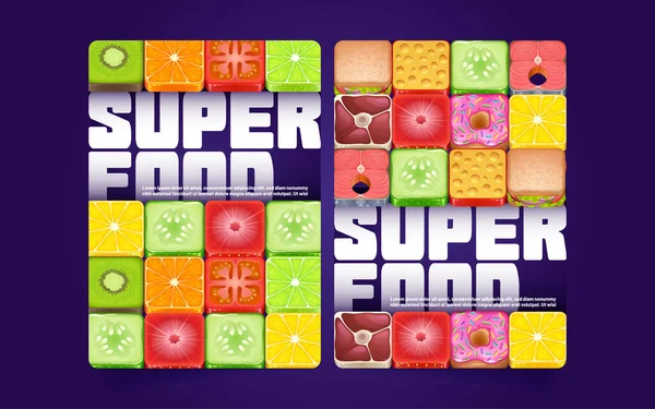 Super Food Posters Met Cartoon Vierkante Pictogrammen Van Verschillende Producten — Stockvector