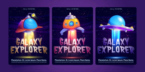 Cartazes Explorador Galáxias Com Foguetes Futuristas Naves Espaciais Voando Espaço —  Vetores de Stock