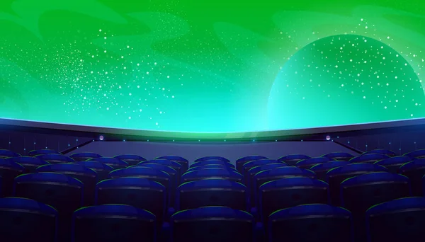 电影院 黑暗的电影院大厅 有广阔的屏幕和座位后视镜 空旷的内部 有太空星系和行星在绿色星空的屏幕上 椅子在黑暗中 卡通矢量插图 — 图库矢量图片