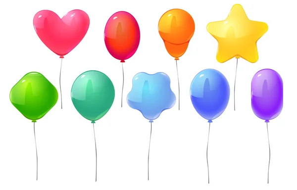 誕生日パーティー 記念日 結婚式のお祝い 休日やカーニバルの装飾のための風船 空飛ぶ虹色の空気風船文字列と異なる形状 ベクトル漫画セット — ストックベクタ