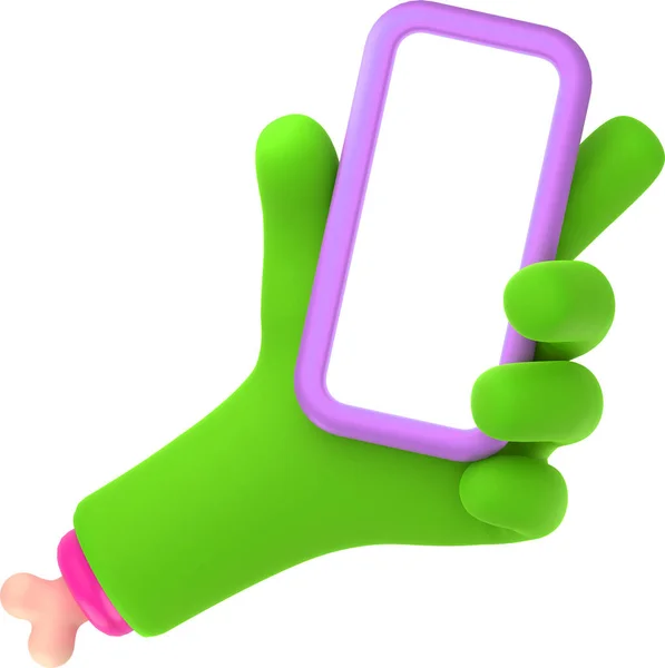 Zombie Ręka Telefonem Renderowania Potwora Postać Zielona Dłoń Kości Gospodarstwa — Zdjęcie stockowe
