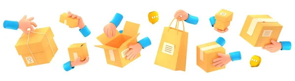 Lieferservice Symbole Mit Kurierhänden Tragen Und Geben Kartons Einkaufstaschen Post — Stockfoto