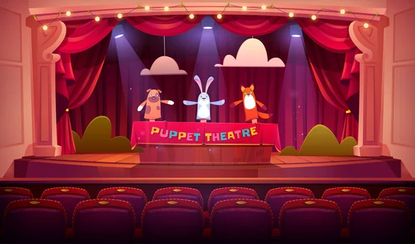 Puppenspiel Auf Der Theaterbühne Mit Roten Vorhängen Scheinwerfern Und Sitzstühlen — Stockvektor