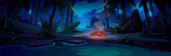 夜はジャングルの中でたき火をしたキャンプ場 湖や川と暗い熱帯雨林の風景 海岸のパスと製錬キャンプファイヤー ベクトル漫画のイラスト — ストックベクタ