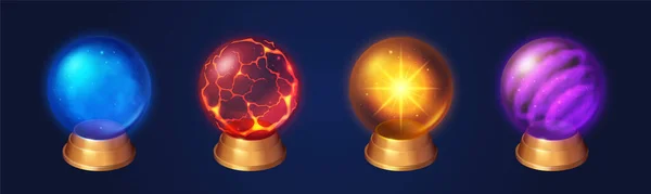 stock vector Crystal globes, witch or sorcerer magic spheres. Transparent glass domes on gold stands with blue fog, red magma with cracks, golden star and purple swirl inside, vector realistic set