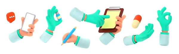 緑色のラテックス手袋の医師の手は 携帯電話 クリップボード 鉛筆を保持し をジェスチャーを表示します 診療所や医療研究室の労働者の手 3Dレンダリングイラスト — ストック写真