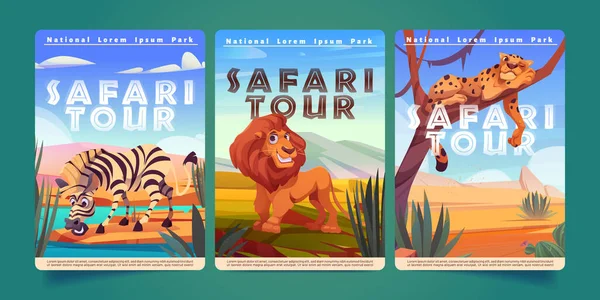 사파리는 사바나에서 얼룩말 치타와 포스터를 투어한다 귀여운 아프리카 동물들이 사바나 — 스톡 벡터