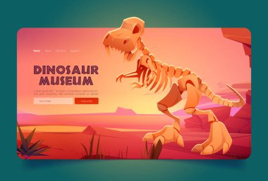 Dinozor müzesi çizgi film iniş sayfası. Tarihsel Eğitim Öncesi trex iskeleti ile çevrimiçi portal arayüzü. Paleontoloji eğitimi, sanal sergi, bilet rezervasyonu hizmetleri Vektör web pankartı