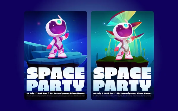 Vesmírné Party Plakáty Roztomilým Malý Kosmonaut Cizí Planetě Kameny Houbami — Stockový vektor