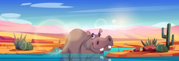 有趣的卡通嬉皮士躺在水里 河马在蓝色天空中闪耀的阳光下在湖中游泳的矢量图解 炎热的沙漠背景 在自然栖息地快乐的动物 Zoo横幅 — 图库矢量图片