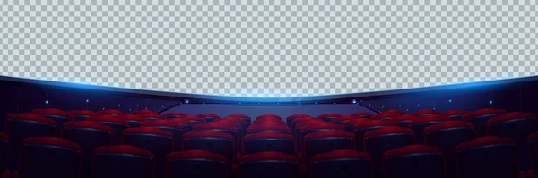 客席のあるシネマホールと透明感のある背景のある空白のパノラマスクリーン 赤い椅子の列と映画館講堂のインテリアのテンプレート ベクトル漫画のイラスト — ストックベクタ