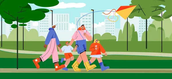 市内公園で幸せな家族の散歩 週末にカイト屋外レクリエーションと父 息子と娘 両親と子供は晴れた夏の日に一緒に時間を過ごす 線形フラットベクトルイラスト — ストックベクタ