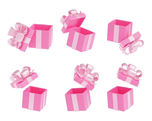 Ajándékdobozok Ajándék Csomag Szalagmasnival Üres Nyitott Rózsaszín Ajándékdobozok Szatén Szalaggal — Stock Fotó