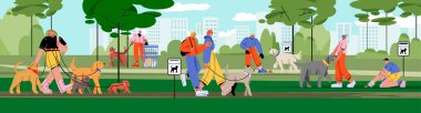 Hayvan sahipleri parkta köpeklerle yürüyor ve özel çantalarda kaka topluyorlar. İnsanlar dışkıları köpek üstüne temizliyor ve halka açık yerlerde çöpleri çöp kutularına atıyorlar, doğrusal düz vektör çizimi