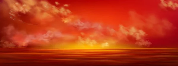 Zonsondergang Hemel Zee Rode Wolken Vliegen Kalme Oceaan Water Oppervlak — Stockvector